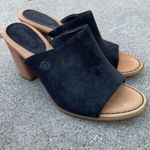 BORN Black Suede Peep Toe Mule Heels “Bima” Size 7 chunky heel Chonky